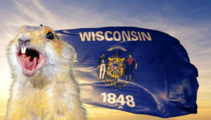 Excited Gopher by Wisconsin Flag