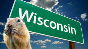 Scared Gopher by Wisconsin Welcome sign